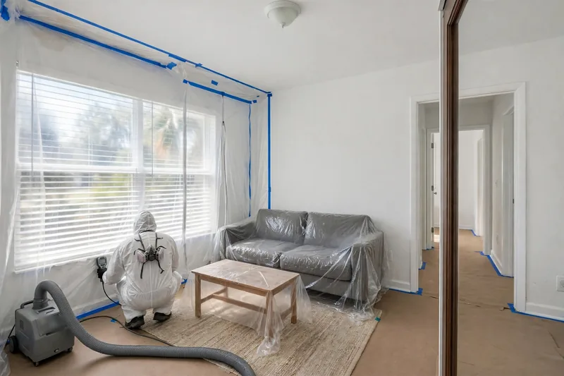 Illustration of a room with plastic barriers, taped edges, floor protection and a HEPA air filtration unit running